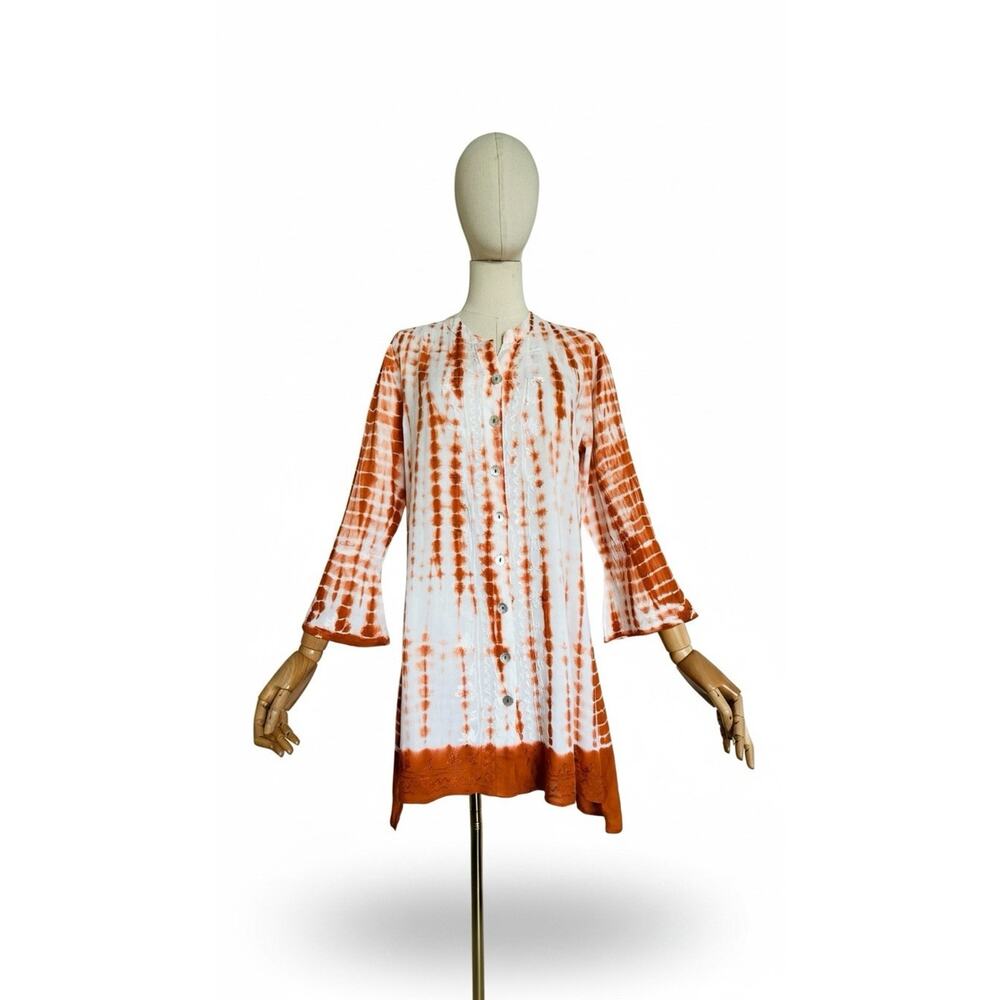Parsley & Sage Sz M Embroidered 3/4 Sleeve Tunic Tie Dye Button Up Boho Top NWOT